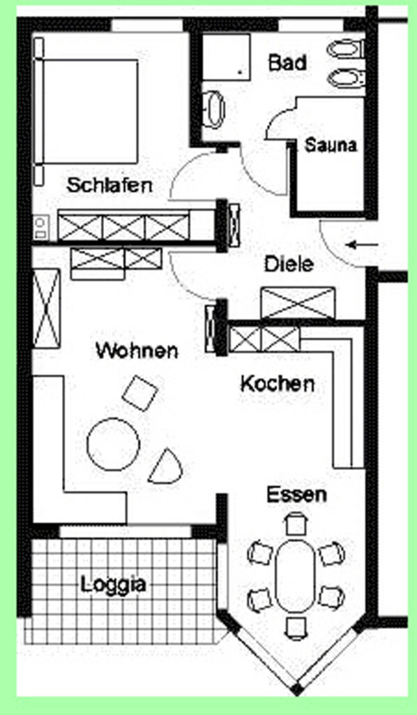 Die Ferienwohnung liegt im 1. Obergeschoss eines sehr ruhigen Hauses.Durch die offene Grundrissgestaltung der Wohnung, große Fenster, einheitlichen Fliesen und die hellen Möbel wirkt die Wohnung sehr freundlich. Vom Wohnraum und Essplatz wird der Süd-Balkon betreten.